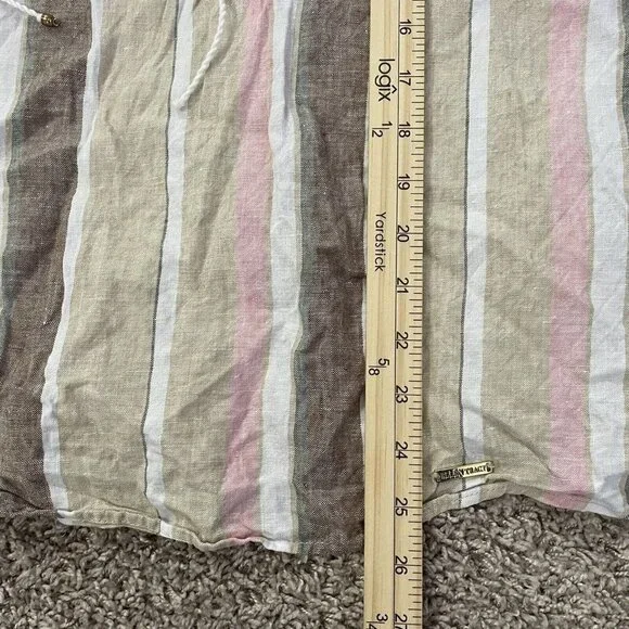 Ellen Tracy 100% Linen Tunic Large Striped Tan Pink White Tassel Lagenlook - Picture 5 of 8